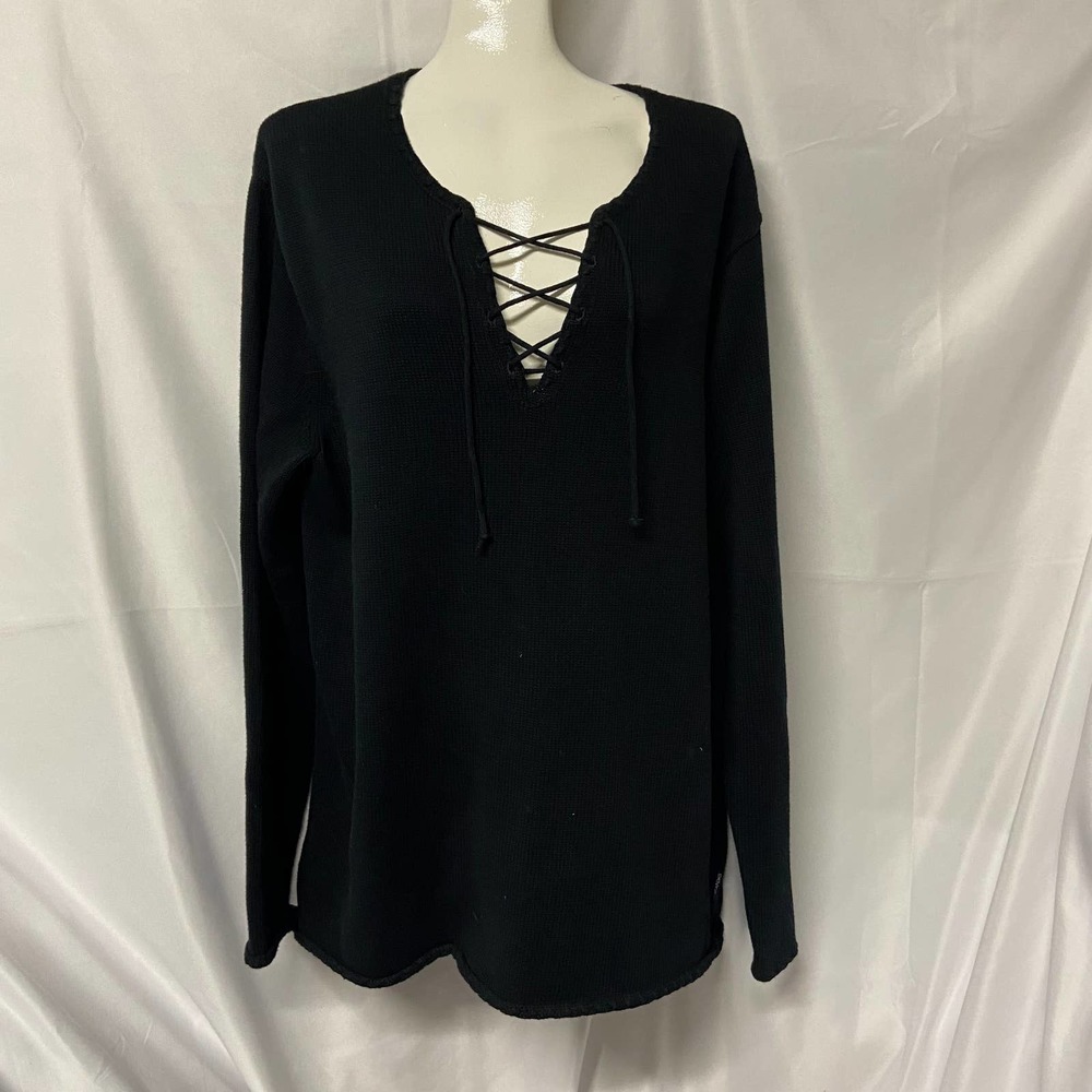 DKNY Jeans Sweater Top Pull Over Size M Long Sleeve Lace V Neck Black